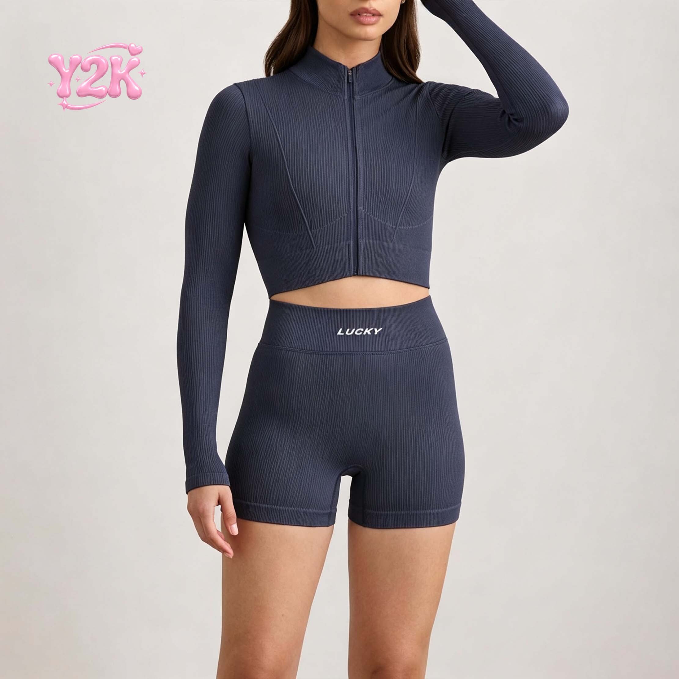Custom Ribbed Long Sleeve Zip Yoga Jacket & Shorts Gym Set