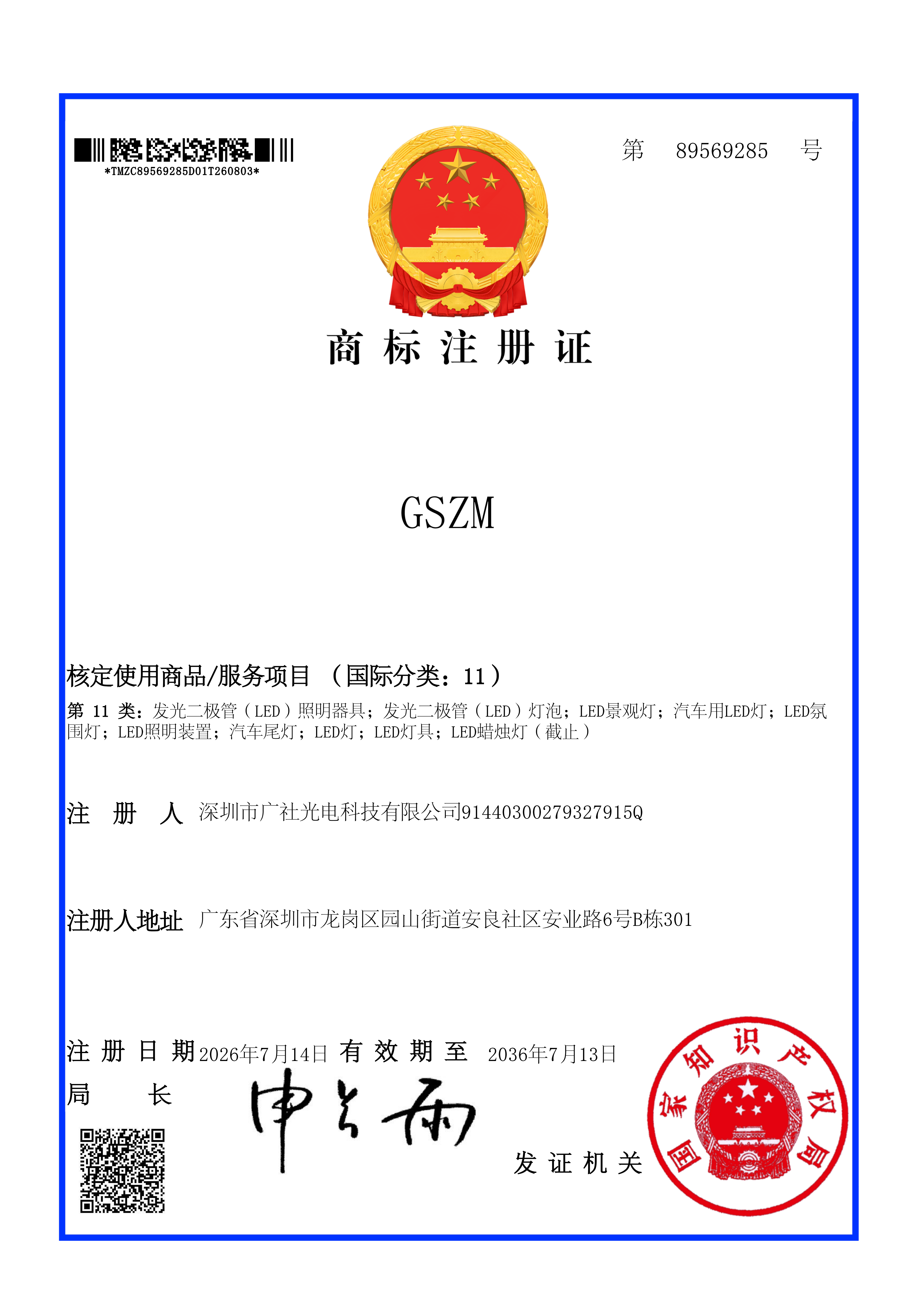GSZM （Trademark Registration Certificate）