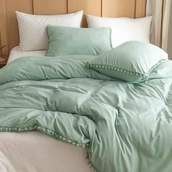 Sage Green Bohemian Microfiber Comforter Set with Pom Fringe