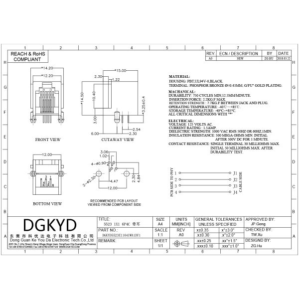 RJ11 connector 6P4C without light and filter network port socket DGKYD5523E1164IWA1DY1