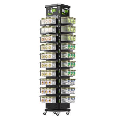 Custom 4-Sided Metal Display Rotating Pegboard Stand Rack with Wheels and Hooks