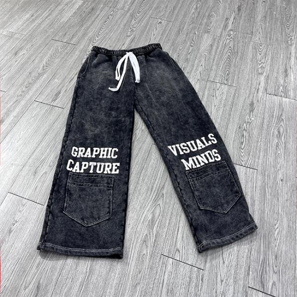 Custom Ripped Screen Print Acid Wash Vintage Sweatpants Baggy Embroidered Wide Leg Streetwear Flared Sweatpants Track Pants Men