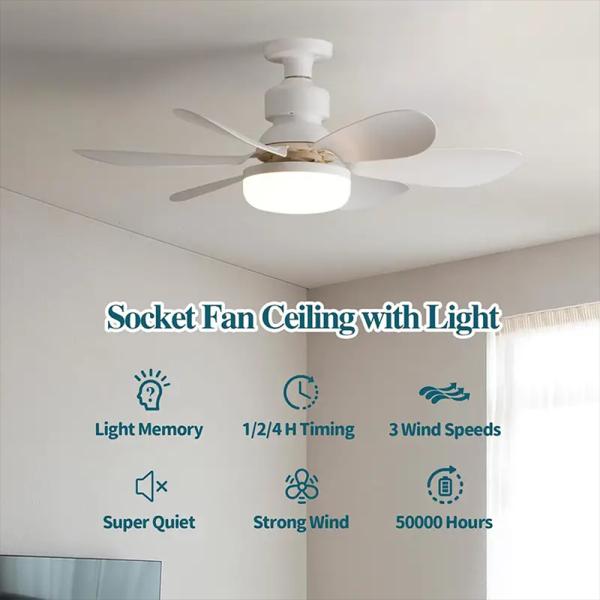 Socket Fan Light with Remote E27 Base 20.5'' Small Screw in Ceiling Fans with Lights 3 Speeds and 3 Color Dimmable Fan Light Bulb