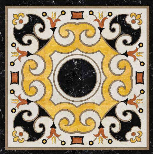 Parquet, natural stone parquet, engineered stone water jet medallion