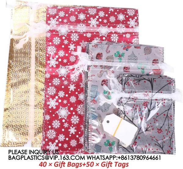 Christmas Gift Bags, Santa Wrapping Bag Designs With Inserted Drawstring Ribbons And Tags For Wrap