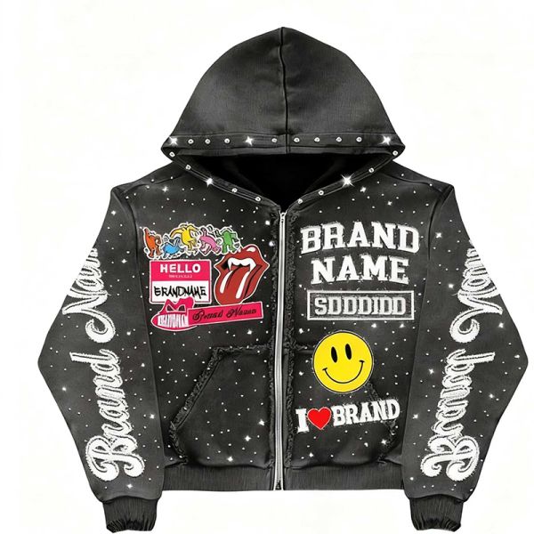 High Quality 100% Cotton Distressed Zip up Acid Wash Men's Hoodie Manufacturer Custom Heavyweight Stitch Rhinestone Sweatshirt