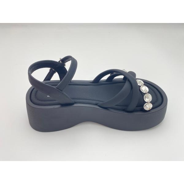 Women black bottomed sandals with rhinestone genuine leather in summer