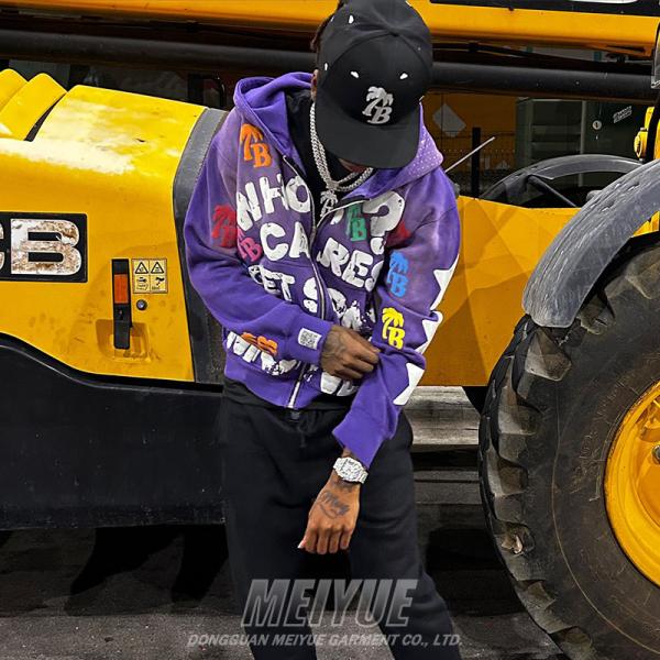 Streetwear Rhinestone Zipper Hoodie Cropped Puff Printing 500 Gsm