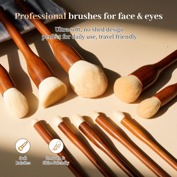10-Piece Makeup Brush Set with Ultra-Soft Bristles and Solid Wood Handles for Professional Application
