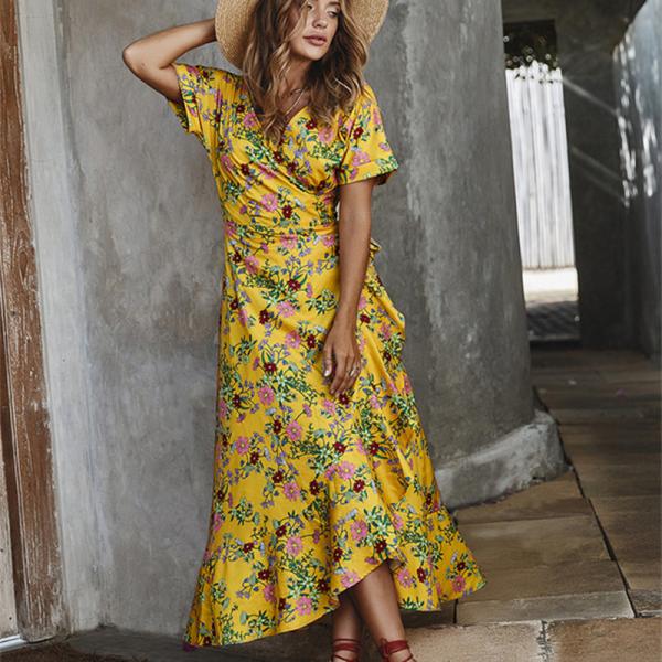 Printed Ladies Maxi Dress Polyester S Xl Short Sleeve Party Casual V Neck