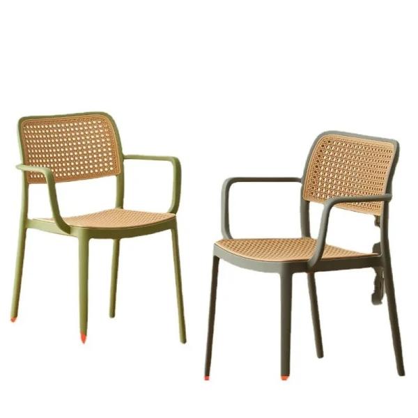 Contemporary Plastic Rattan Dining Chair with Optional Armrest