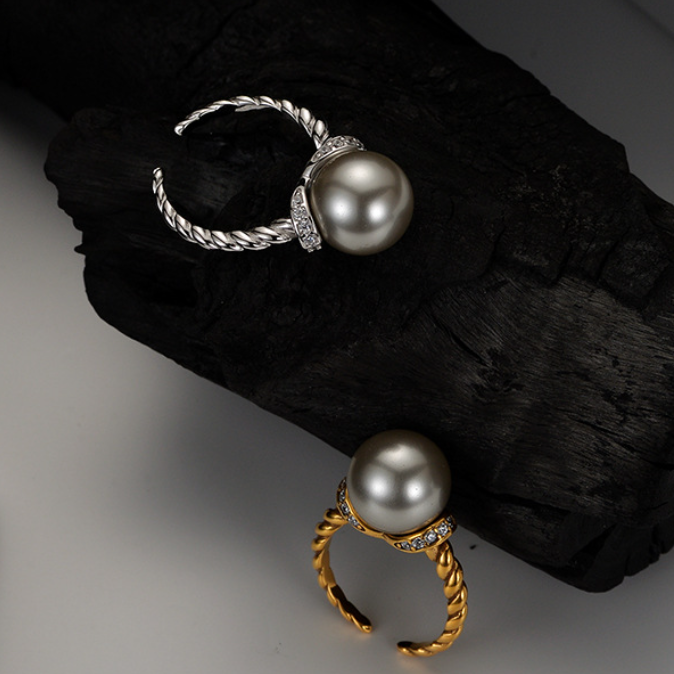 Twisted Cable Wire Band Adjustable Finger Rings , Sterling Silver With 12mm Gray Shell Pearl Jewelry