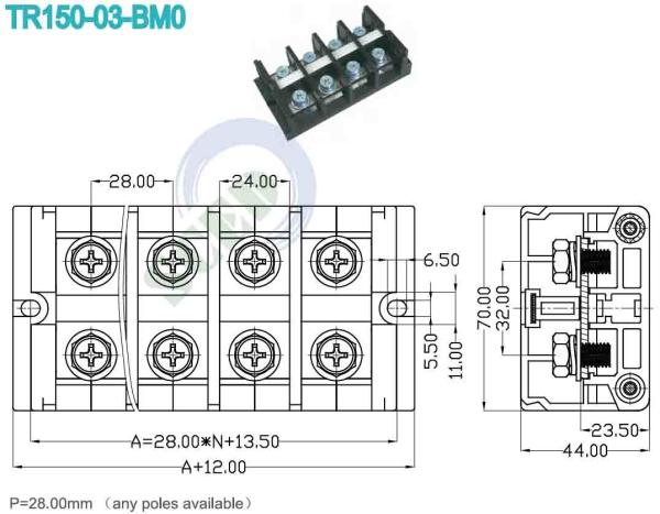 高電流ターミナルブロックコネクタ 28.00mm 600V 150A M8 任意のポール