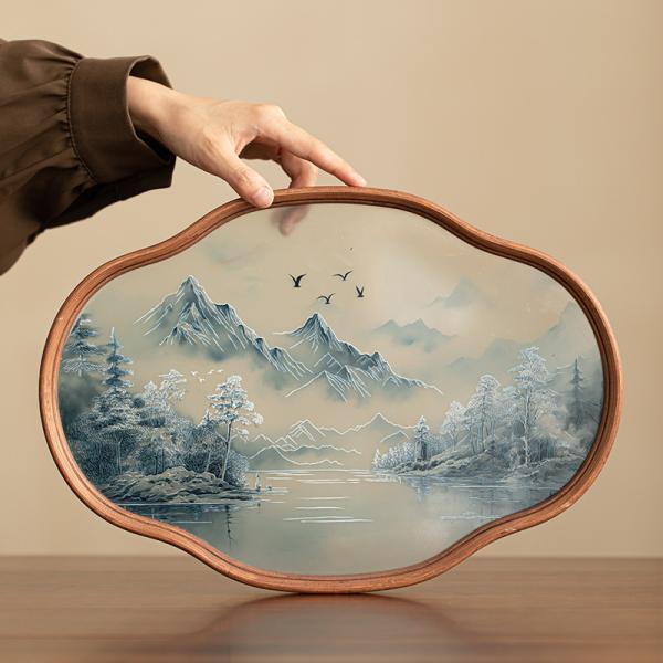 New Chinese Landscape Bamboo Glass Home Tea Tray