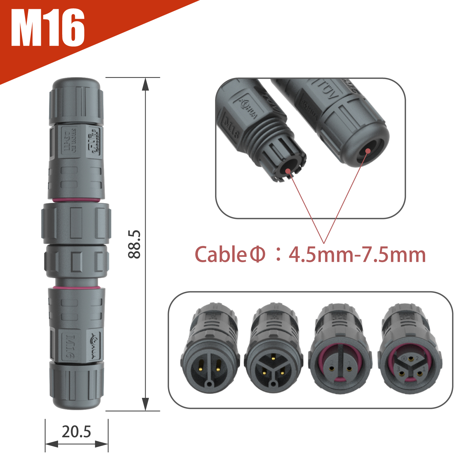 IP68 Waterproof Power Cable Connector Dustproof Multi Pole Plug And Socket