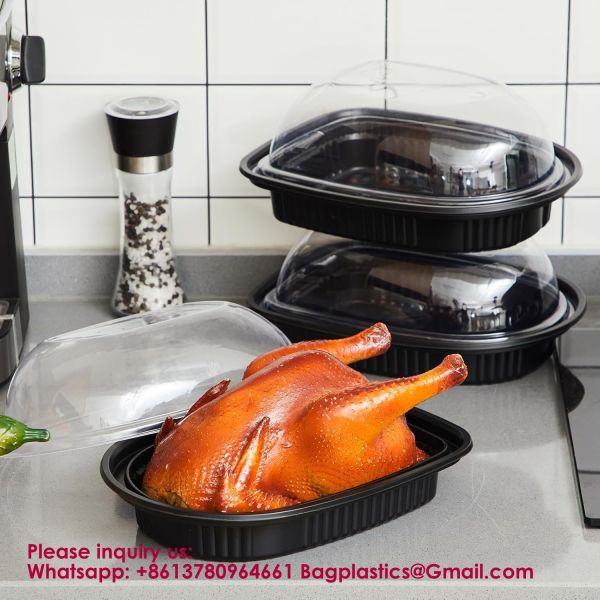 Large Rotisserie Chicken Roaster Container With Lids Black Plastic Chicken Food Storage Container Carrier Without Handle Rectangular Take Out Reusable Storage High Dome Clear Lid