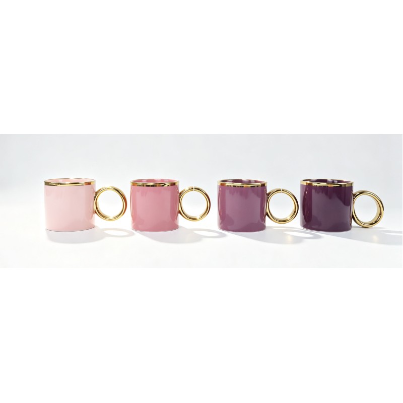 4 Pack Gloss Pastel Ceramic Mugs with Large Round Gold Ring Handle & Gold Rim, Blush Pink Dusty Pink Lavender Purple Luxury Coffee Tea Cups, Aesthetic Decor Drinkware Gift for Women