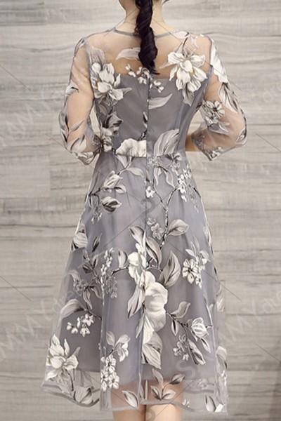 fashion & charming round neck 3/4 sleeve floral print see-trough women's dress