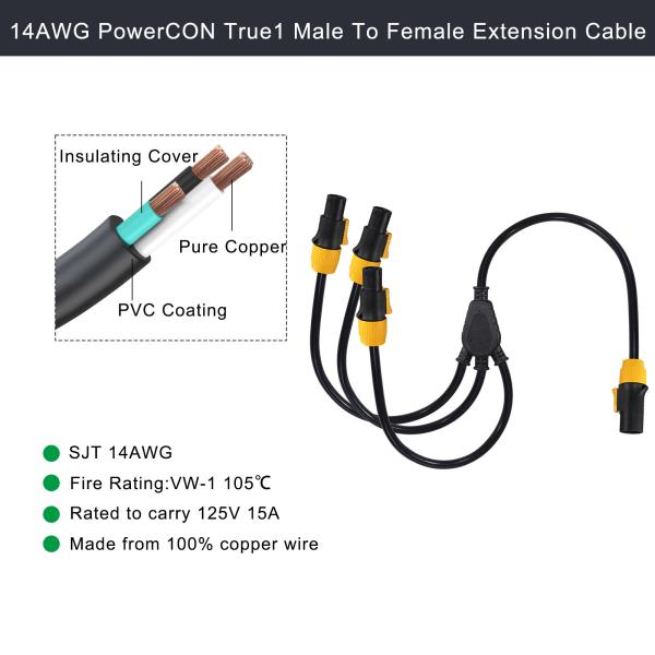 True1 Male to 3 Female Y Splitter PowerCON Cable 1m-10m