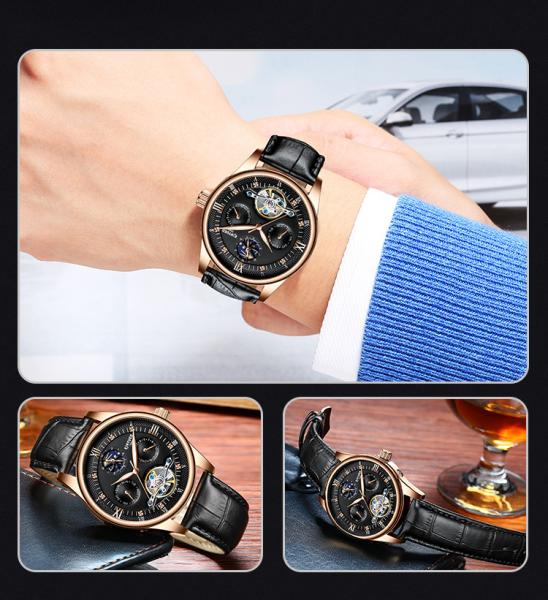KINYUED genuine leather tourbillon mens automatic watch  men moon phase watch men wristwatch