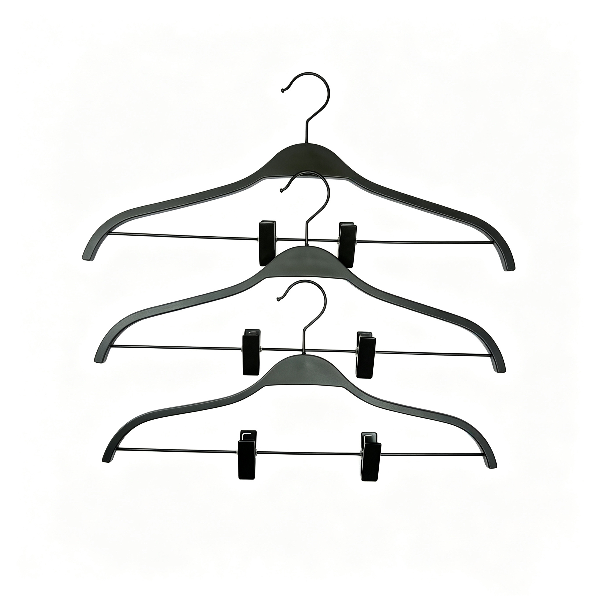 Non-slip non-marking plastic clothes hanger with clips that does not blister for clothing stores