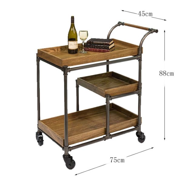 MOYI Customized Iron and Wood Trolley Quality Wooden Cart with Wheels for Hotels and Bars