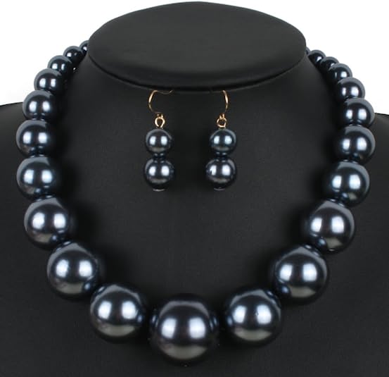 Large Style Big Gray Imitate Pearl Strand Choker Necklace With Earrings Set