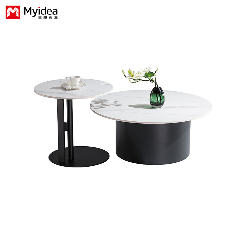 2-Piece Nesting Coffee Table Set for Living Room & Office, Sintered Stone Surface with Black Sand Carbon Steel Legs, Space-Saving Large & Small Combination Design