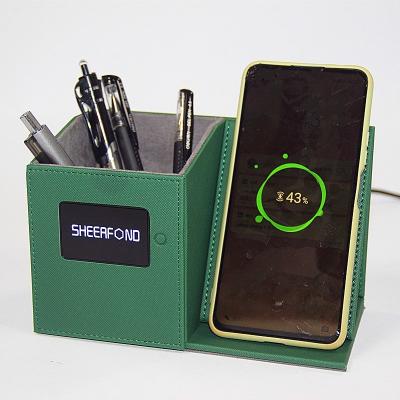 Plutônio feito sob encomenda de carregamento sem fio Pen Holder de couro do logotipo do diodo emissor de luz da mesa de couro de múltiplos propósitos do suporte do lápis