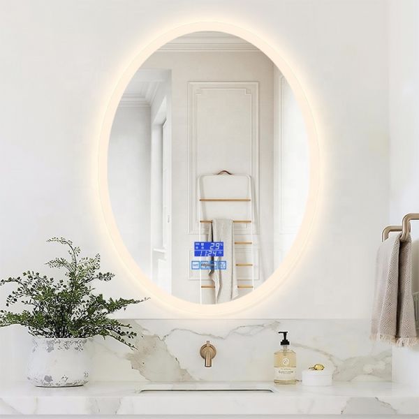 Round Polished Edge Bathroom Mirrors With LED Light Smart Touch Sensor