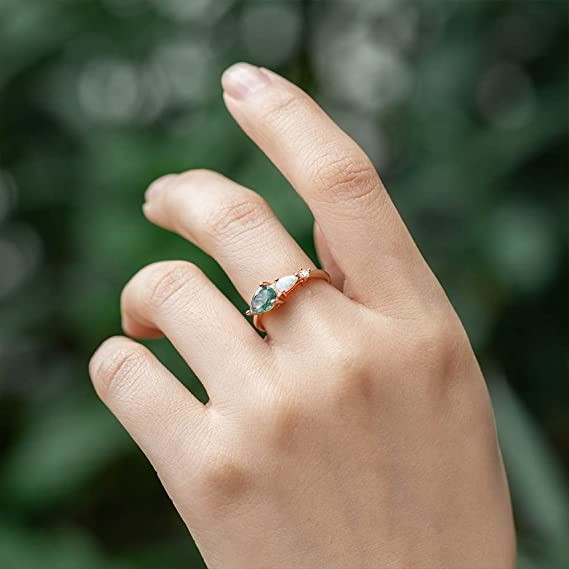 Natural Moss Agate Opal Moissanite Stone Ring Unique For Engagement Wedding