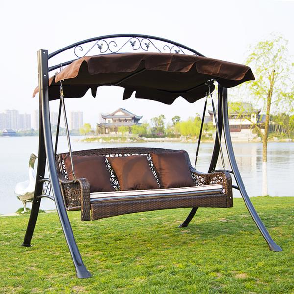 Metal Rattan Swing Chair with Canopy 3-Seater Garden Furniture Metal Steel Frame