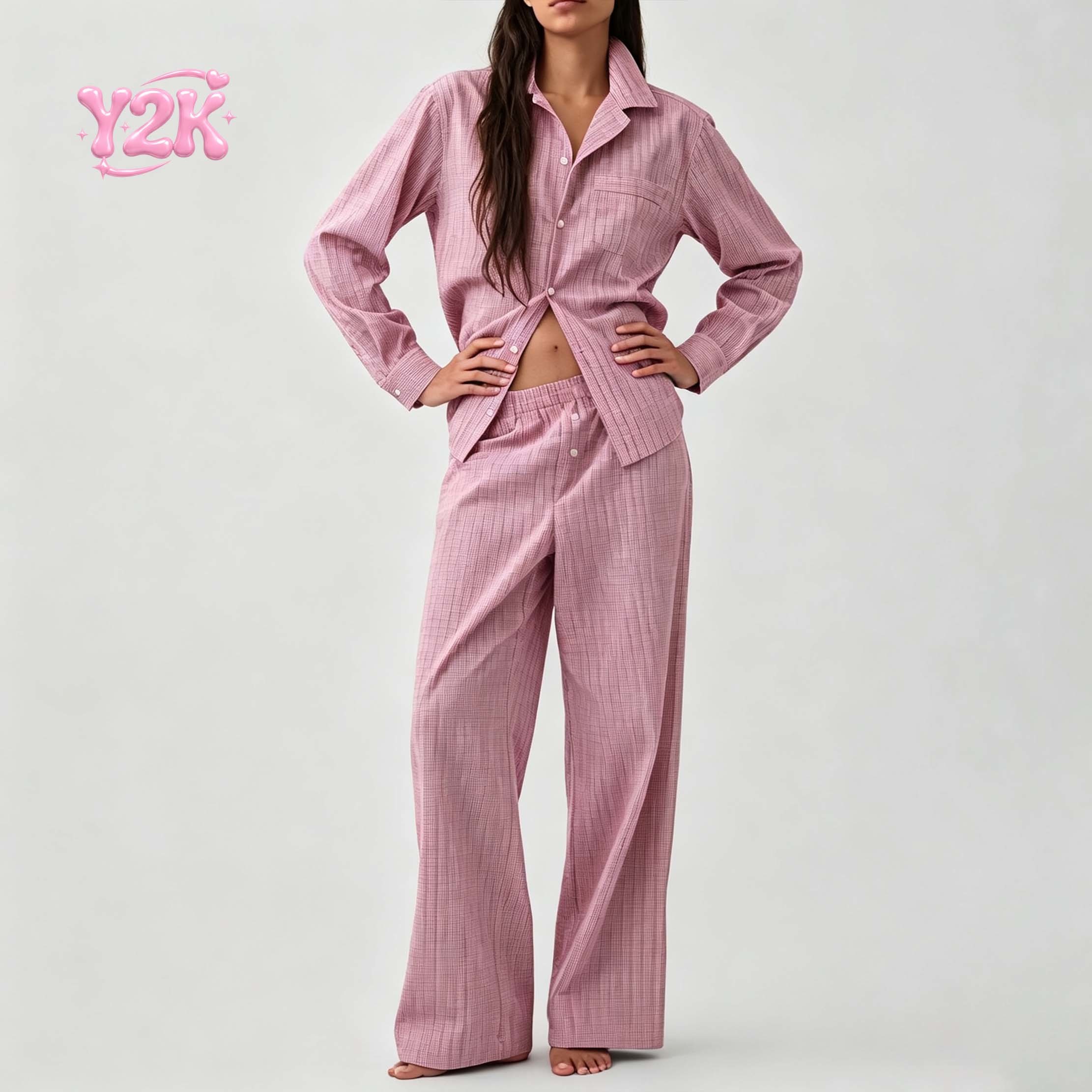 Custom Women's Checkered Shirt Wide Leg Lounge Pants Set