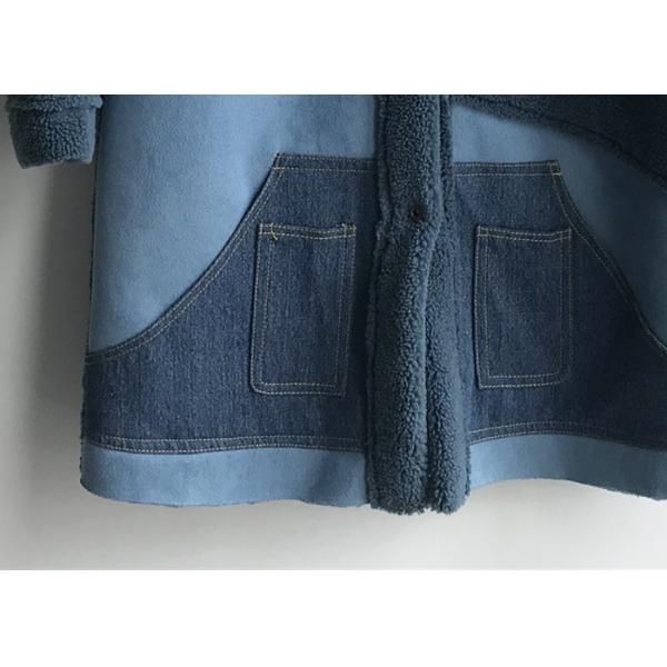 Denim Patch Pocket Sheep Faux Fur Jacket Blue Contrast Long Shearling Blocked Coats