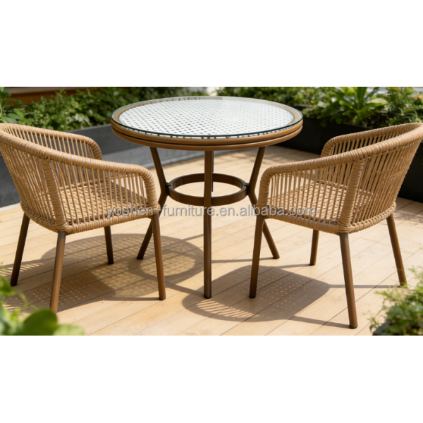 4 Seater Aluminum Rattan Round Dining Table with Glass Top Foroutdoor Restaurant Café Shop