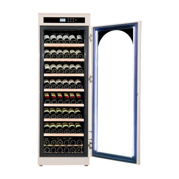 Freestanding Wood Wine Cooler with Digital Control Panel and Arched Glass Door