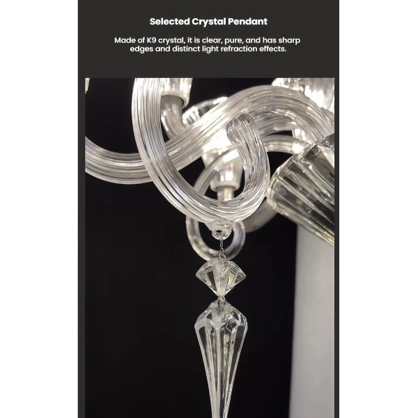 JYLIGHTING Clear Tinted Crystal & Glass Chandelier, Murano-Style Curved Arm Pendant Light for Luxury Living Room & Hotel Lobby