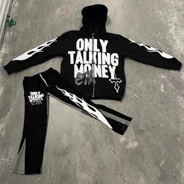 Custom Manufacturer Jogger Cotton Distressed Embroidery Zip up Cropped Hoodie Sweatsuits Flared Sweatpants Tracksuits for Men