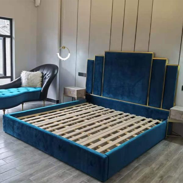 Pine Wood 6.6ft Velvet Fabric Bed 1.5m Modern King Size Bedroom Furniture