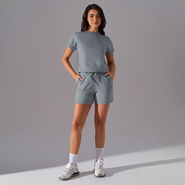 Lilac Yoga Activewear Short Sleeve Fleece Sweatshirt Shorts Set for Casual Wear