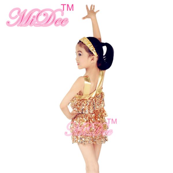 Metalic Edged Kids Dance Outfits Tiered Full Sequin Dress Shorts Including