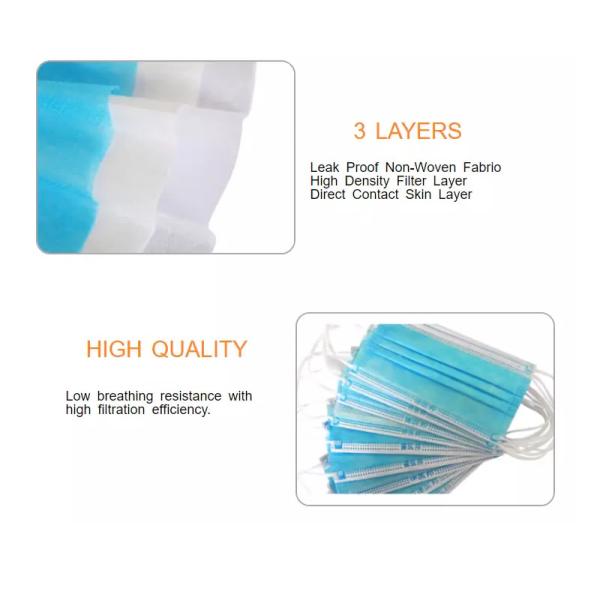 Melt Blown Fabricl Blue Disposable Mouth Mask Non Woven Material 17mm * 9mm