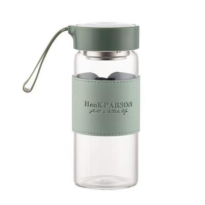 480ml Custom Borosilicate Glass Water Bottle with Leather Sleeve and Tea Infuser