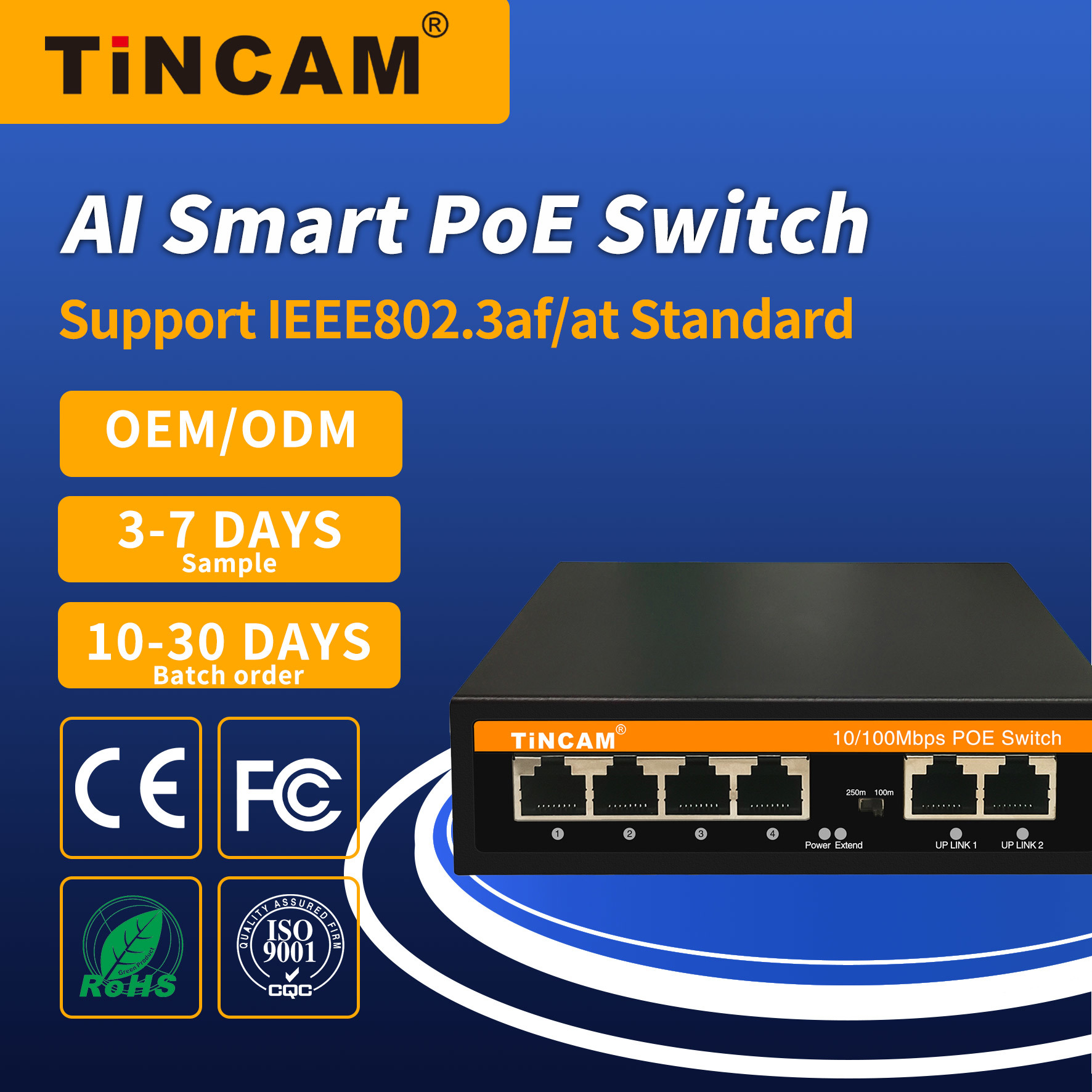 6 Port Fast Ethernet PoE Switch 4 PoE Ports 2 Uplink Ports 10/100Mbps Unmanaged IEEE 802.3af/at 250m Extend VLAN Metal Case Built-in Power Supply TCE-PS4306N