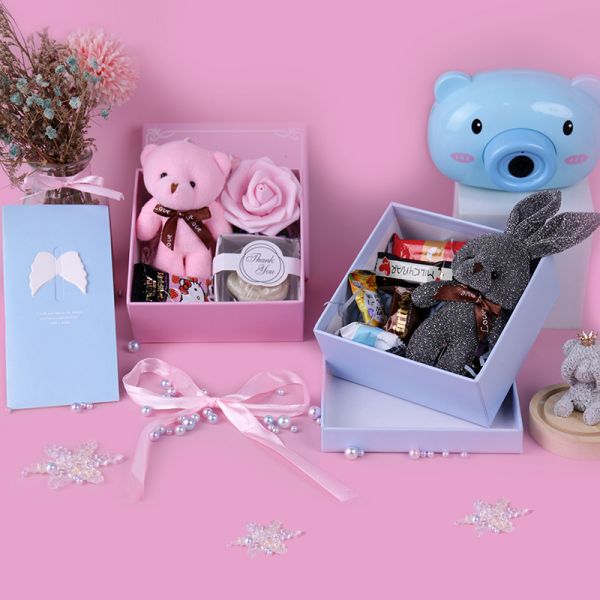 Birthday Gift Box Set Cartoon Ins Style Packaging Light Blue Pink Options Bear Bunny Theme for Boys and Girls