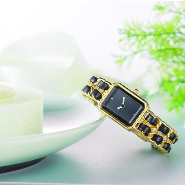 High End Women Quartz Brass Wrist Watch PVD Gold Square Water Resistant