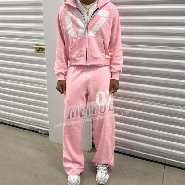 Custom Pink Screen Print Zip Up Oversized Hoodie Set Pink Baggy Flare Sweatpants Jogging Suit Men Tracksuit For Men
