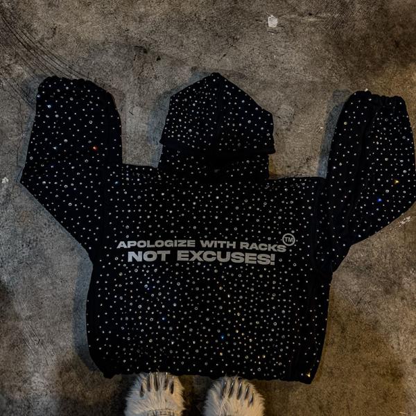 Peso pesado Negro Rhinestone Hoodie Streetwear Vintage Distressed Hoodie a prueba de viento