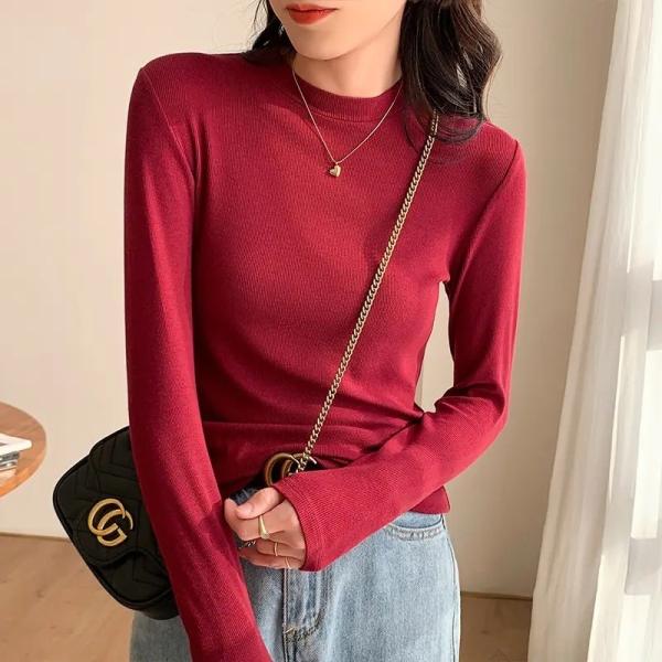                  2023 Long-Sleeved Tight T-Shirt Spring and Autumn Thread Cotton Solid Color Suit Inside Take Half High Neck Women′s Top T-Shirt             