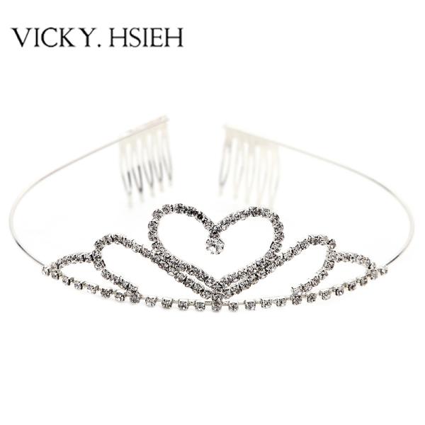 VICKY.HSIEH Hot Sale Silver Tone Crystal Rhinestone Large Peach Heart Waving Crown Tiaras with Comb
